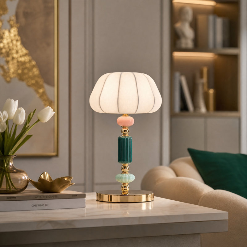 Lampe de table en céramique colorée avec abat-jour en tissu blanc
