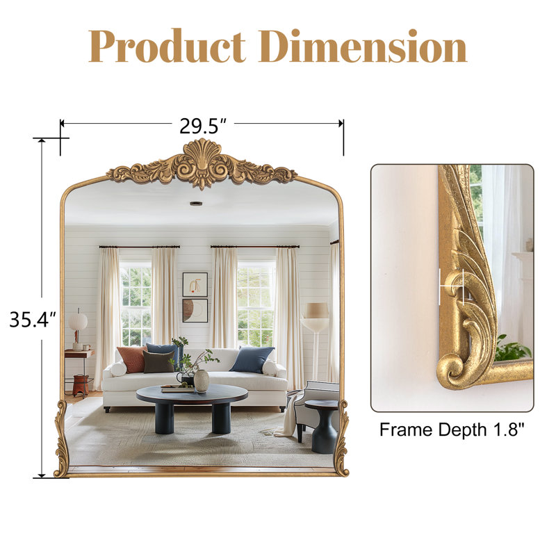 Miroir mural baroque vintage en forme d'arche, 91 x 76 cm, avec cadre en métal doré, 36 po x 30 po