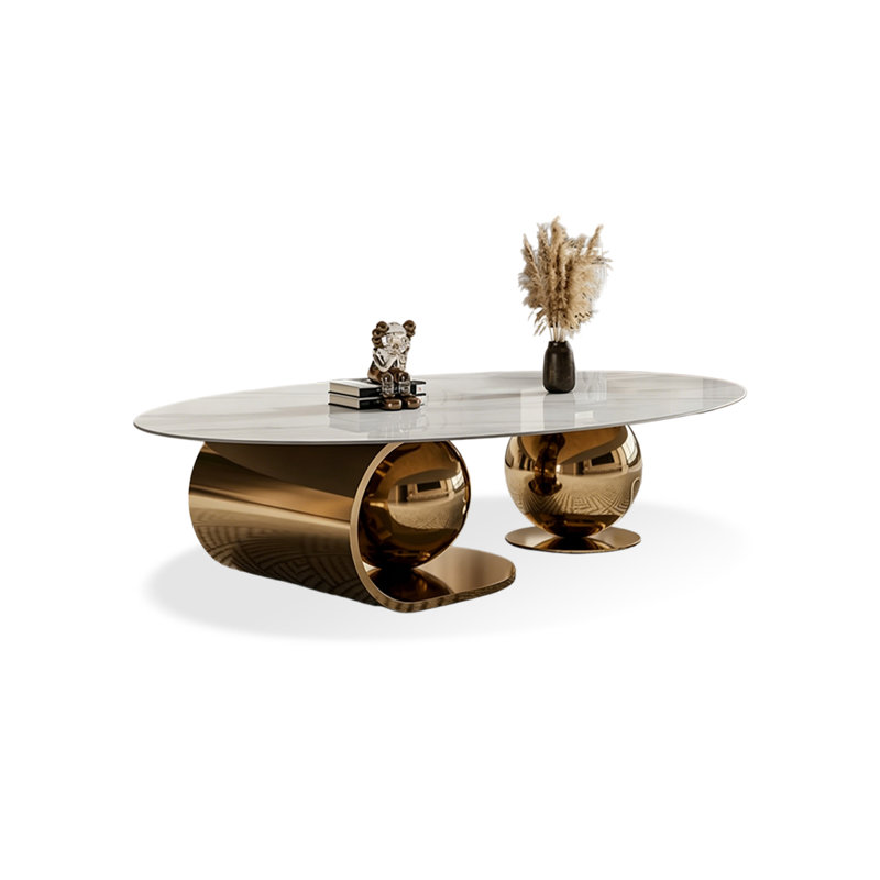Table basse ovale en marbre Gold, H 14,17 po x l 55,12 po x P 27,56 po, Blanc / doré