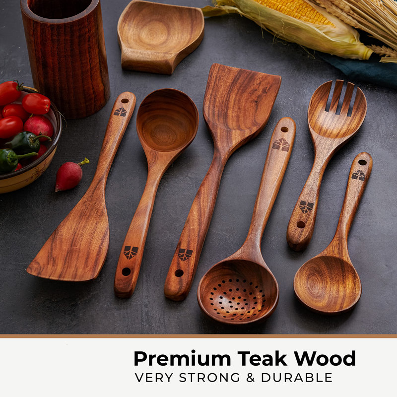 Natural Wood 10-Piece Cooking Utensils Set with White Ceramic Holder
