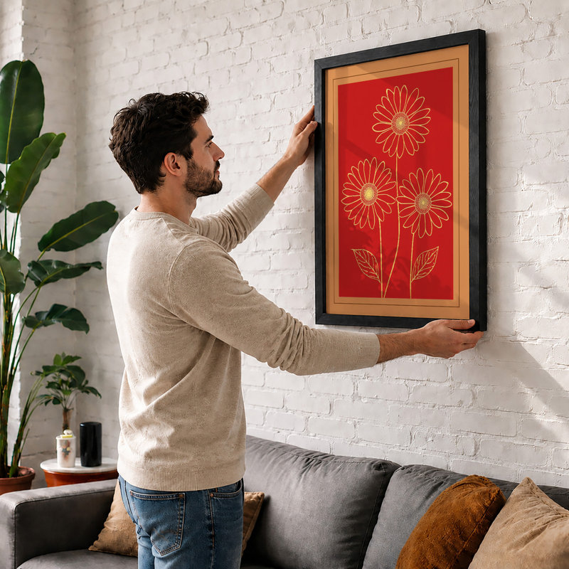 Golden Daisy Stems Botanical - Framed Print, Black, A3 - 42.0 x 29.7 cm