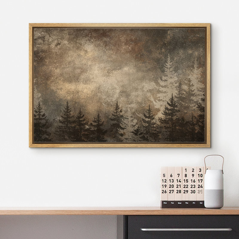Rustic Forest Silhouette With Textured Sky Framed Canvas Master Bedroom Wall Art Work Print, 24" H x 36" W x 1.5" D, Natural