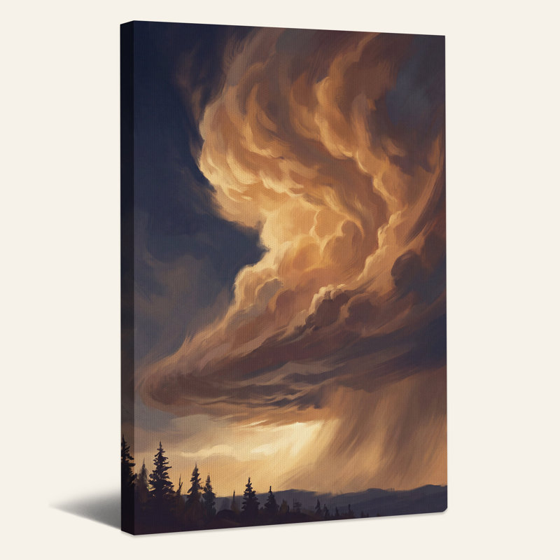 Toile murale d'Halloween représentant des nuages ​​dorés tourbillonnants au-dessus des pins, 48"H x 32"W