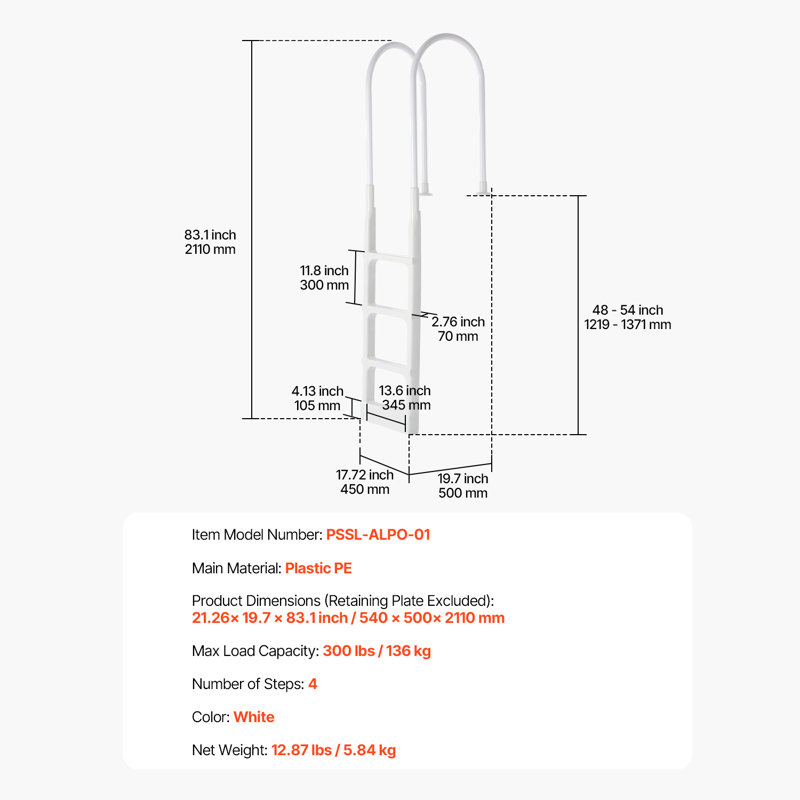 Pool Ladder Thickened 4-Step & 2 Handrails of 300 lb Capacity for 48-54 In Pool