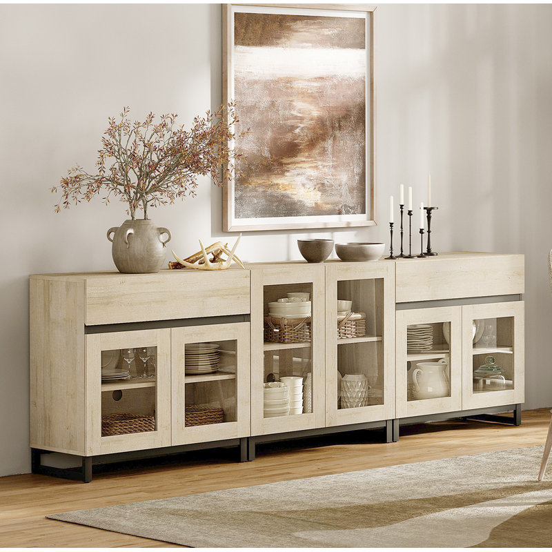 Armoire de rangement avec portes en verre, buffet moderne 3 en 1 avec tablettes réglables et 2 tiroirs, armoire à café pour le salon, cuisine