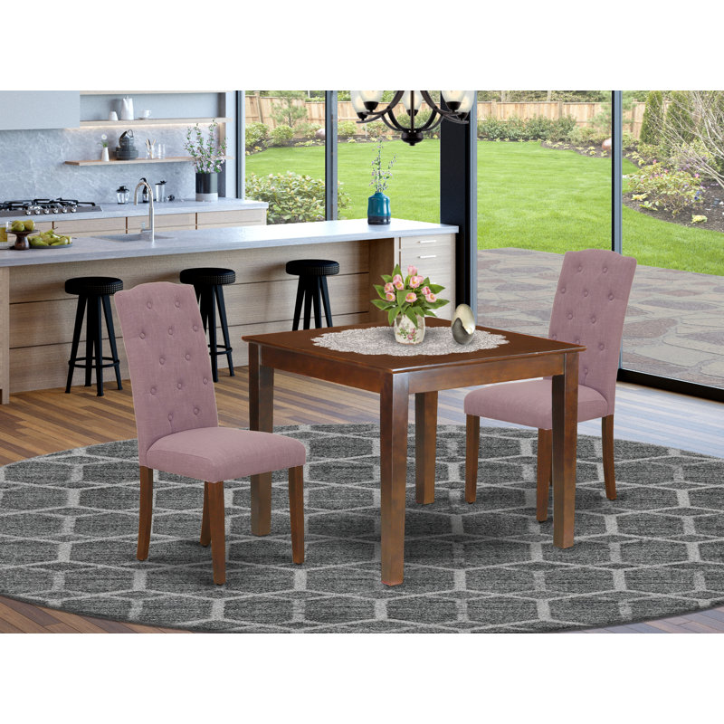 3 Piece Kitchen Table Set for Small Spaces Contains a Square Dining Room Table and 2 Dahlia Linen Fabric Upholstered Chairs, Mahogany