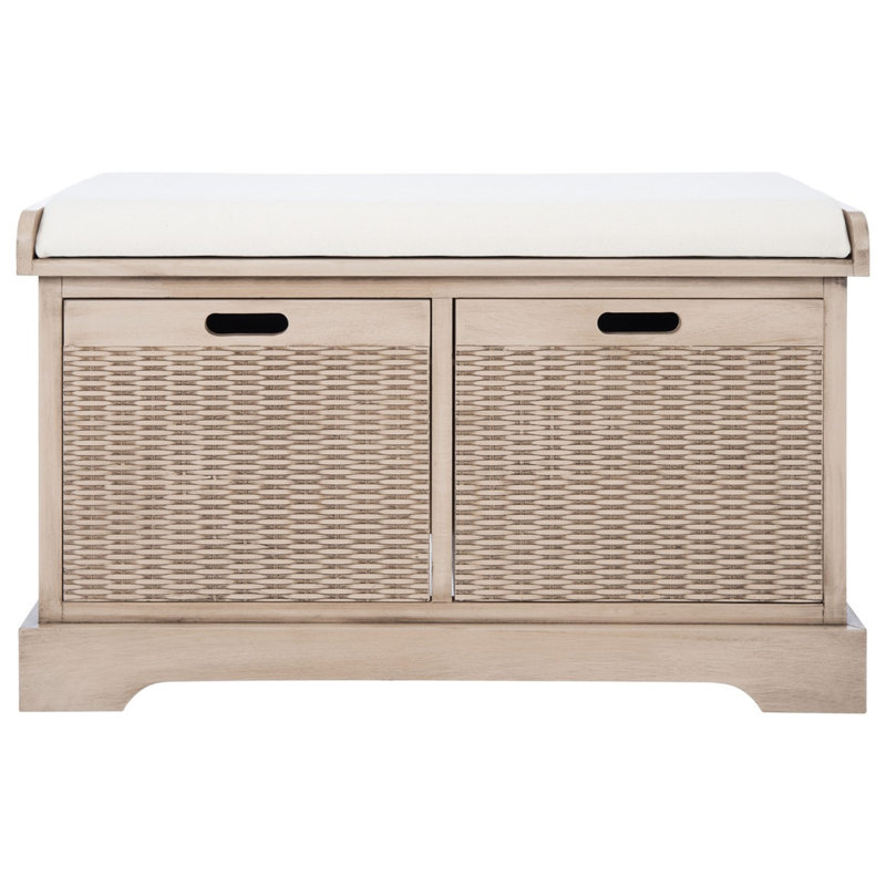 Landers Pine Storage Bench - Farmhouse Style 32" Entryway Cushion Seat with Large 2 Basket Drawers, Sand
