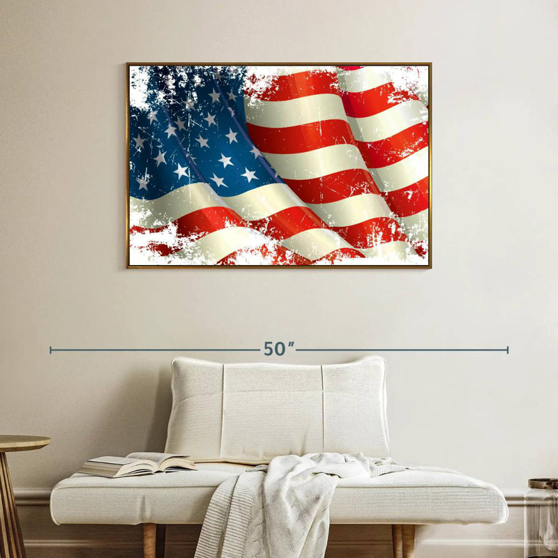 Drapeau américain grunge, Cadre flottant doré, 40 po x 27 po