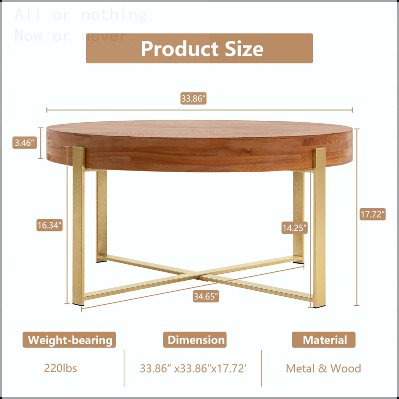 Table basse ronde moderne avec pieds croisés, L 33,76 po, Or
