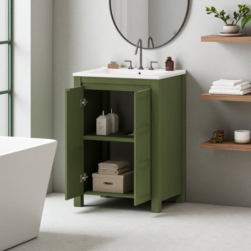 Petit meuble-lavabo de style vintage 24 po avec lavabo en céramique, 2 portes à fermeture douce, tablette réglable