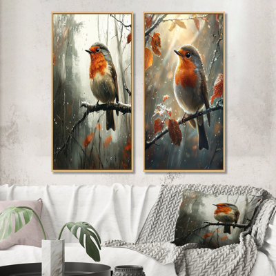 Robin Bird In The Forest Rain I - Animals Canvas Art 2 Panels