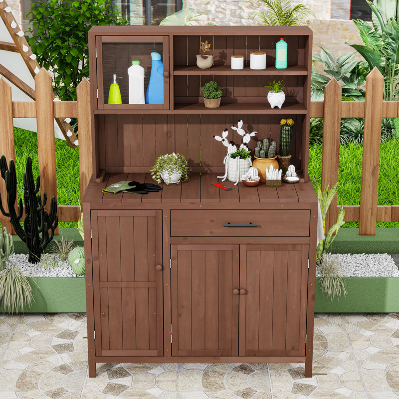 Banc de rempotage en bois de sapin avec poste de travail spacieux, tablettes réglables, support à épices et crochet latéral