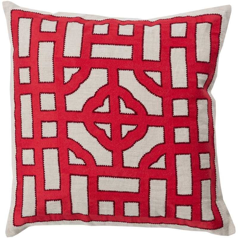 'Chinese Gate Polyester Throw Pillow, Light Gray/Burgundy, 22" H x 22" W