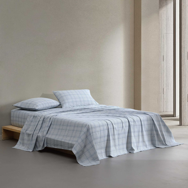 Calvin Klein Printed Sateen Cotton Sheet Set, Queen Sheet Set with 2 Pillowcases, Grid Blue
