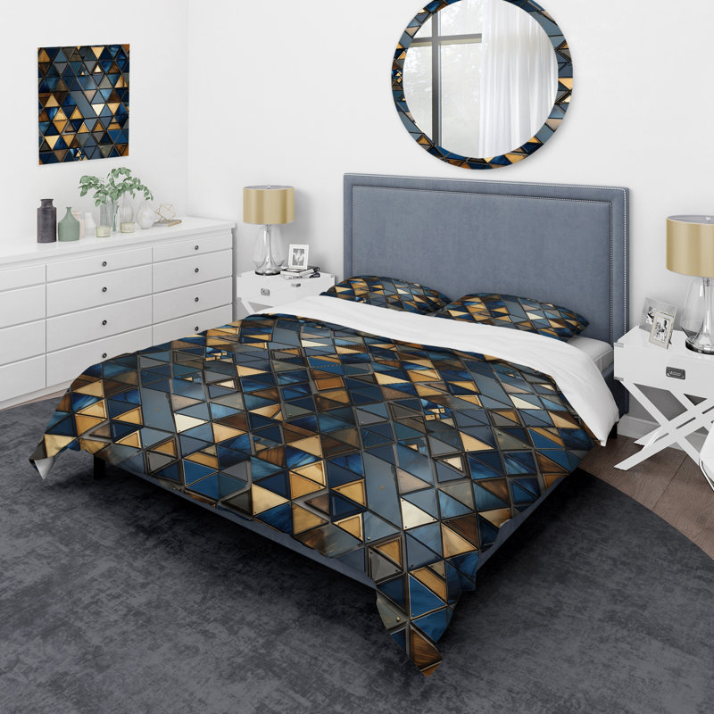 Natural Tones Grey And Beige Mosaic Geometric Shapes Duvet Cover, King Duvet Cover + 2 King Shams, Geometric Shapes 9