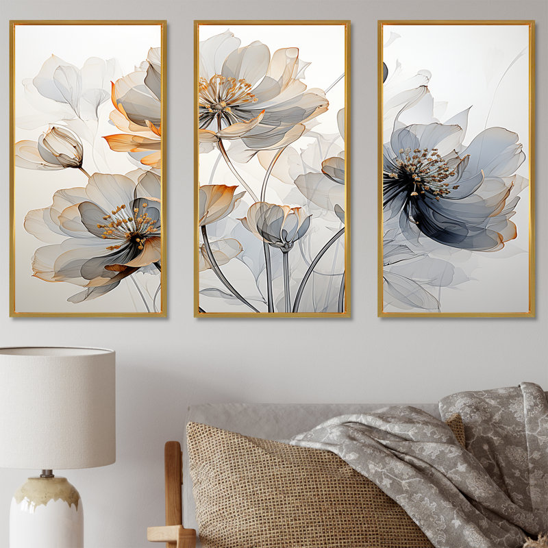 Ensemble de décorations murales minimalistes blanc et gris Grace I - Tulips, Cadre flottant doré, H 32 po x l 48 po