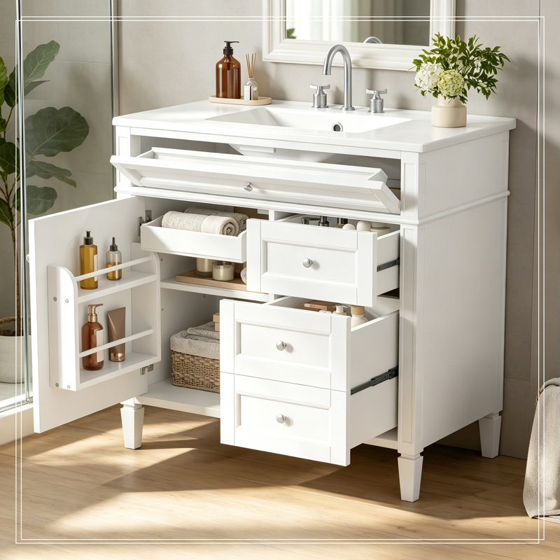 Meuble-lavabo de salle de bain avec lavabo supérieur, armoire de rangement, 2 tiroirs et un tiroir basculant, White