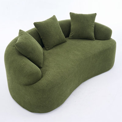 Canapé deux places incurvé vert : comprimé, aucun assemblage requis, petit canapé en chenille, mousse 30D, compact pour appartements, 65 L, 136 kg, 3 coussins