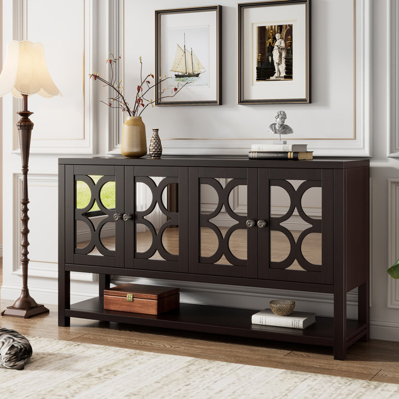 Elegant Retro Console Table/Storage Cabinet/Sideboard With Mirrored Doors, Espresso