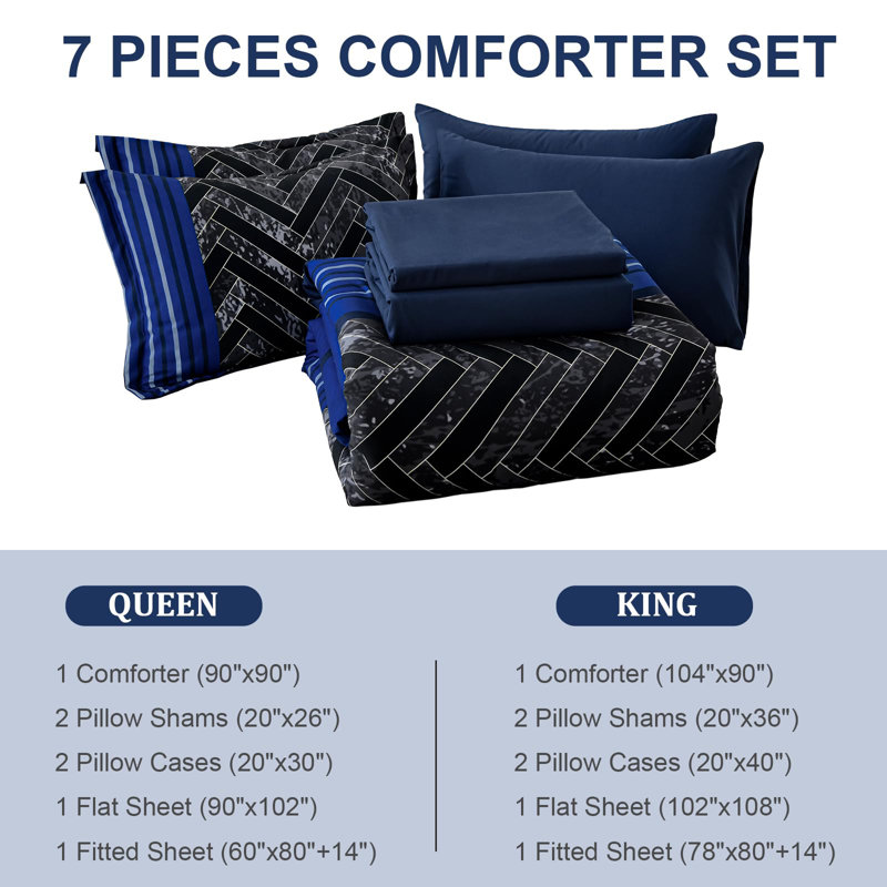 7-Piece Stripe Geometric Comforter Set, Soft Microfiber All-Season Complete Bedding Set, Blue