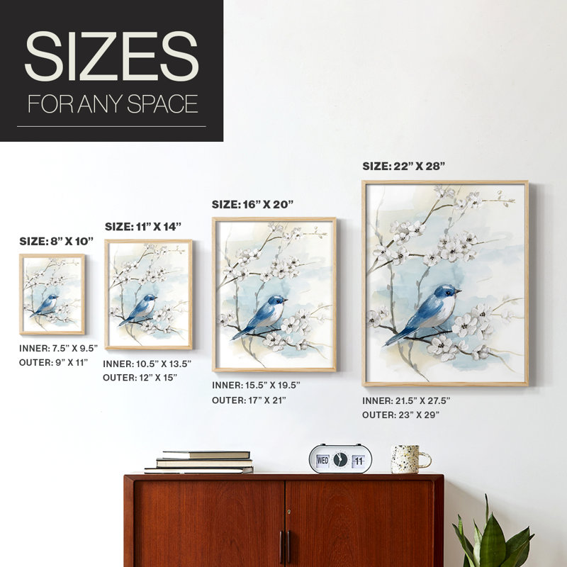 «Blossoms and Bluebird I», reproduction encadrée - bois massif, H 21 po x l 17 po