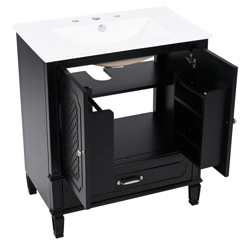 Meuble-lavabo de 30 po avec lavabo, noir rétro, porte à fermeture douce, rangement multiple, tablette en bois de céramique et réglable, tiroir fonctionnel, style autoportant, rangement fonctionnel, noir et évier