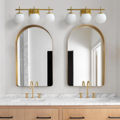 Modern 3-Light Bathroom Vanity Fixture With Milky White Glass Shades, Brushed Gold Wall Sconce For Mirror Lighting, Moisture-Resistant Design, Easy Installation