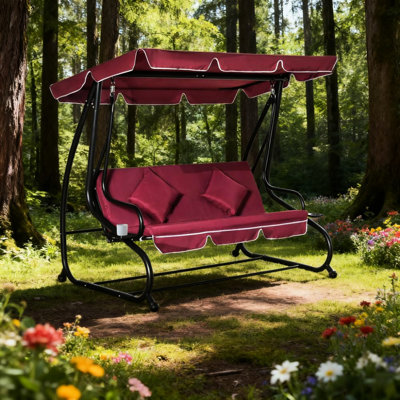 Balançoire rouge à 3 places avec auvent, coussin amovible et porte-gobelets, pour les espaces extérieurs dans le porche de la cour arrière, convertible en lit, structure en acier thermolaqué Capacité de 748 lb