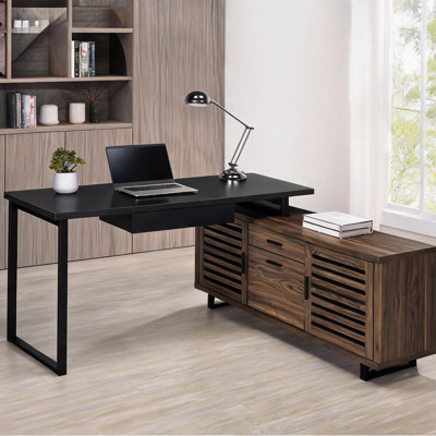 L-Shaped Executive Desk with Storage Credenza, 60x60 Inches, Black and Brown-Toned Engineered Wood, Steel Legs
