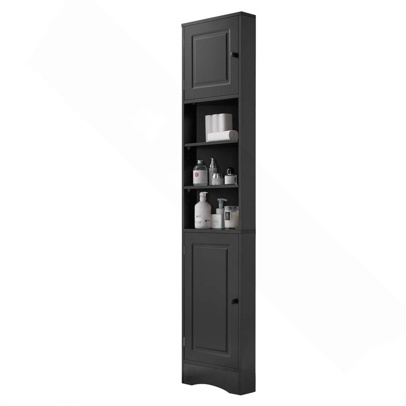 Multi-Functional Triangle Corner Tall Bathroom Storage Cabinet With 2 Doors, Adjustable Shelves & Open Shelf, Black
