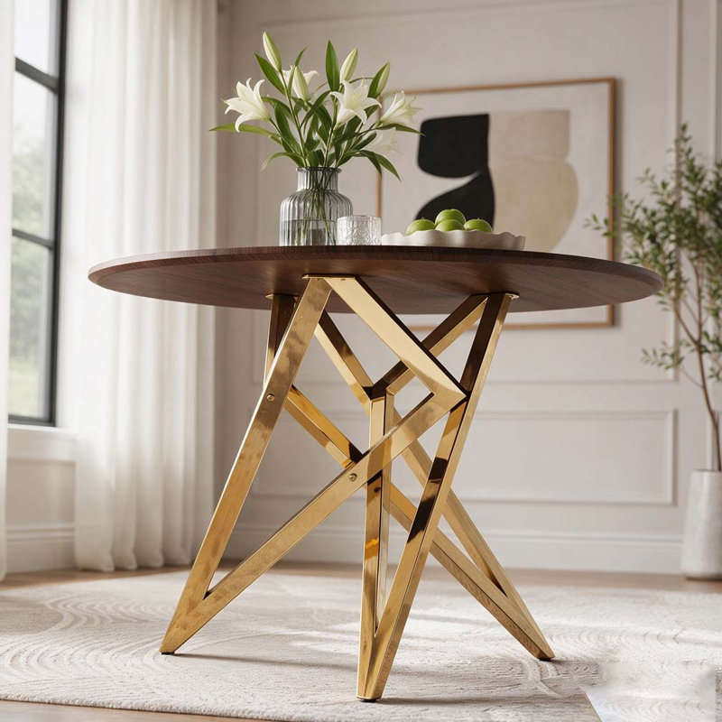 Table de salle à manger ronde 37 pouces, Walnut+Gold