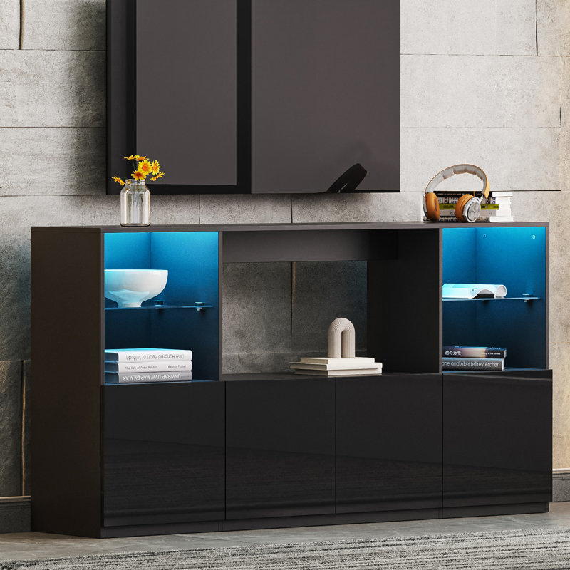 Meuble télé ultrabrillant avec lumières DEL, Noir