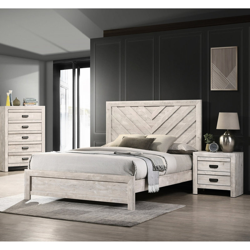 Lit simple pour enfant avec finition gris beige rustique et cadre en bois massif de forme géométrique