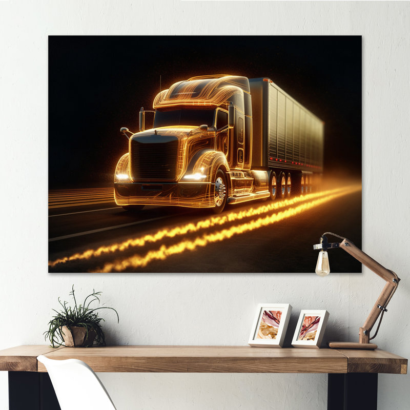 Camion jaune semi-néon sur toile, H 12 po x l 20 po x P 1 po, Toile tendue
