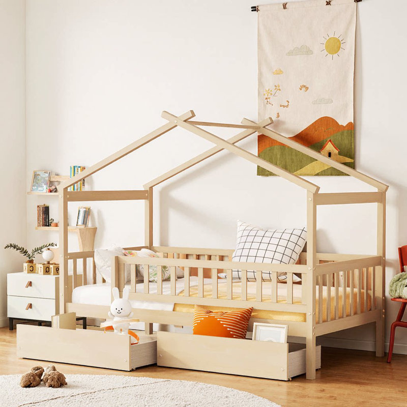 Lit simple en bois naturel avec deux tiroirs de rêve Whimsical, Naturel