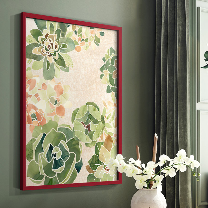 Vitrail succulentes I, reproduction encadrée - bois massif, Rouge, H 10 po x l 8 po
