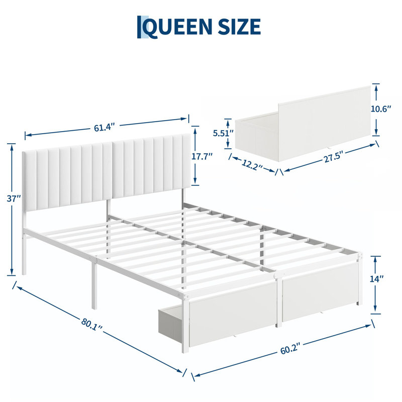 Queen Size Bed Frame with Storage Drawer & Headboard, Beige