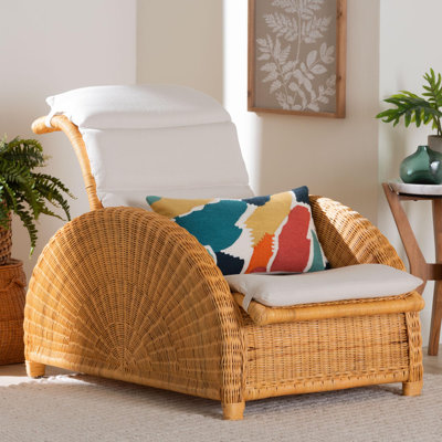 bali & pari Aries Natural Rattan Chaise Lounge Chair with Cushion - Handwoven Wicker Accent Lounger Rolled Backrest and Arms for Living Room or Sunroom
