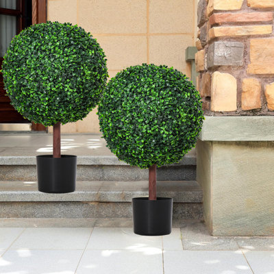 24” Artificial Boxwood Topiary Ball Tree, Set of 2 Faux Potted Plants Artificial Shrubs Bushes with Pot, Fake Evergreen Artificial Topiary for Indoor