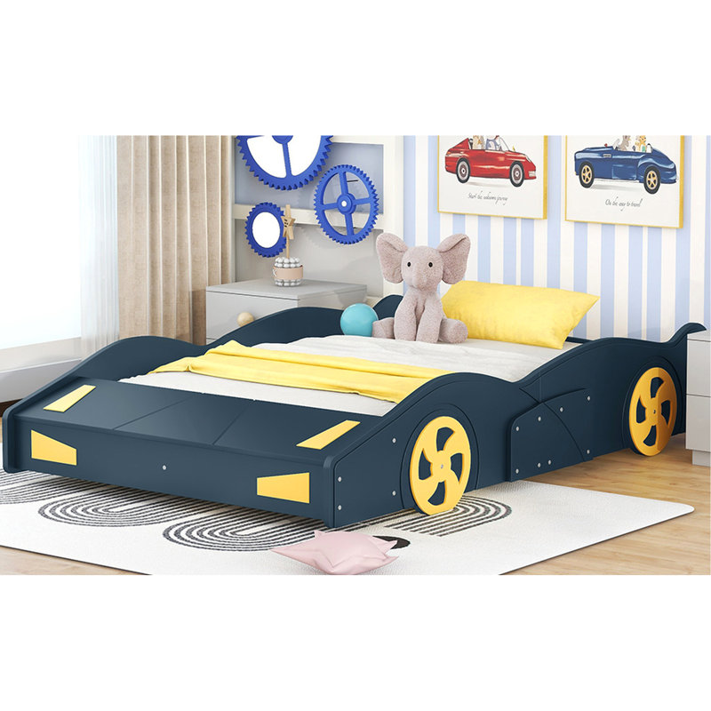 Lit plateforme pour voiture de course double avec rangement - bleu foncé / jaune en bois massif robuste bleu et jaune pour la chambre à coucher