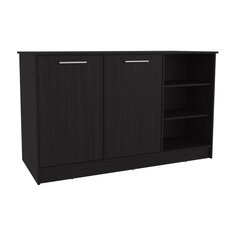 Kitchen Island, Three Open Shelves, Two Cabinets, Black, MDF