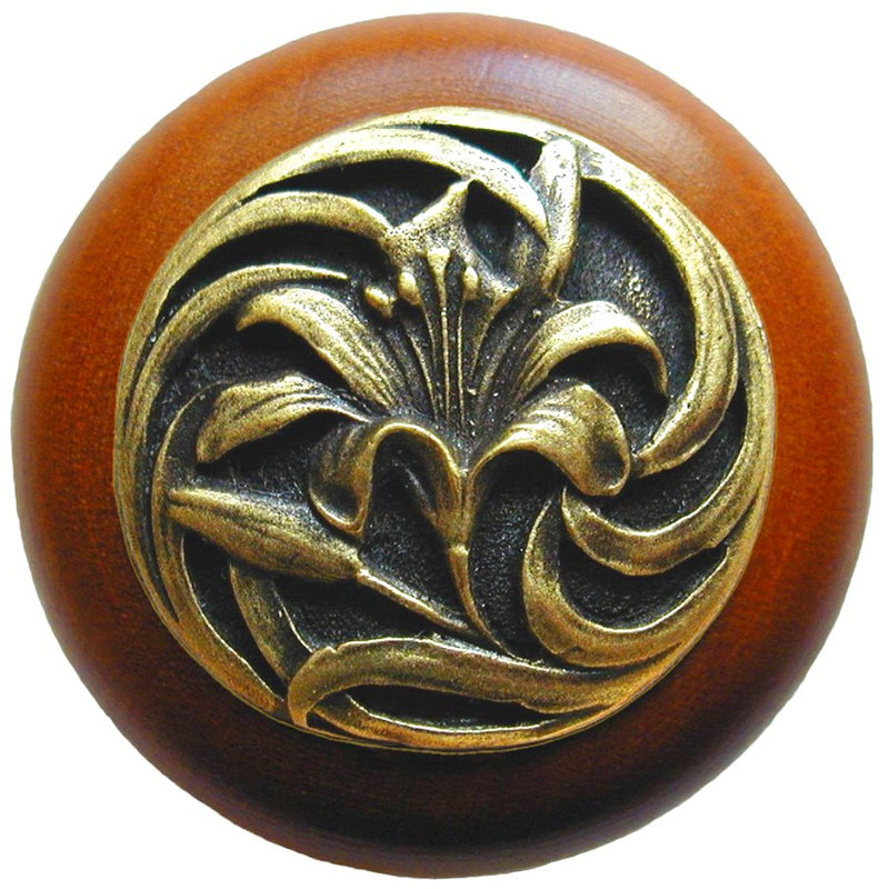 Poignée champignon floral de 1,5 po de diamètre, Laiton antique / bois de cerisier