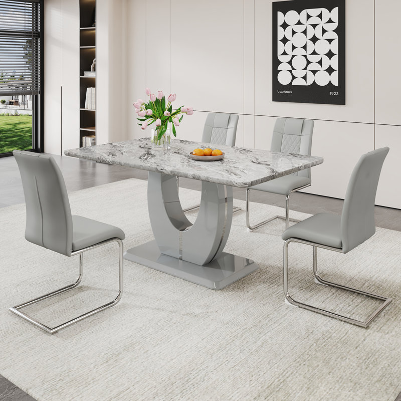 Ensemble repas 5 pièces Kimara, Gris clair, Ensemble de cinq pièces : table, quatre chaises