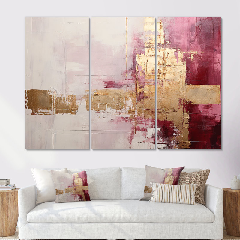 Minimalisme rose et or horizon - ensemble de reproductions d'art abstrait mural, Toile tendue, H 32 po x l 48 po x P 1 po