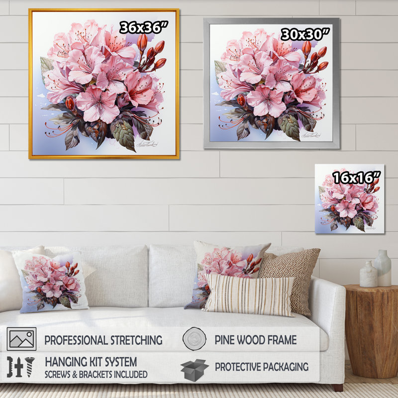 «Rhododendron Charm Bouquet In Winter», reproduction sur toile, H 30 po x l 30 po x P 1 po, Cadre doré simple