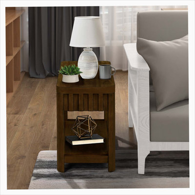 Rectangular End Table with Storage Shelf and Wood Legs