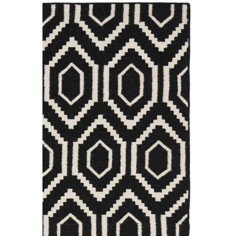 Bullock Hand Woven Flat Weave Wool/Cotton Geometric Rug in Black/Ivory, Rectangle 10' x 14'