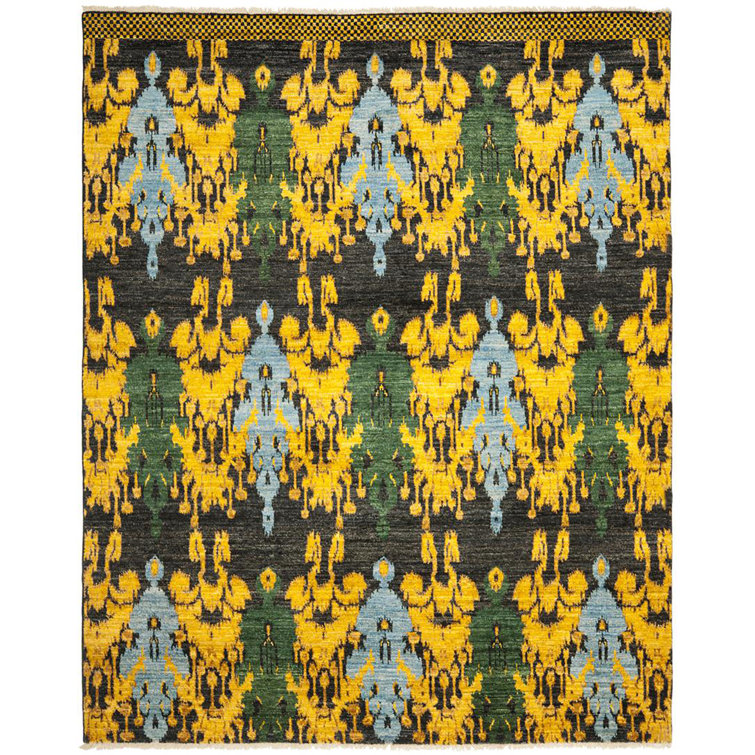 Calcutta Ikat Hand-Knotted Wool Black/Gold/Green Area Rug
