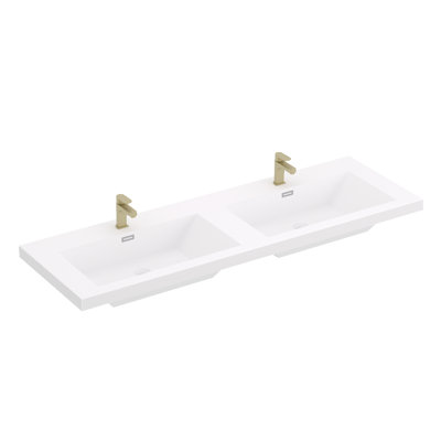Comptoir de meuble-lavabo double 60 po x 19,49 po avec lavabo intégré en résine sans robinet et bonde à poussoir, blanc