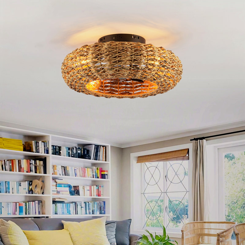 19.6" Bamboo Ceiling Fan With Remote Control ,6 Speed, Dc Motor  Reversible Ceiling Fan For Living Room, Bedroom--Not Included Bulbs